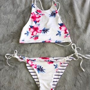 Reversible Floral/Striped High Neck Bikini Set